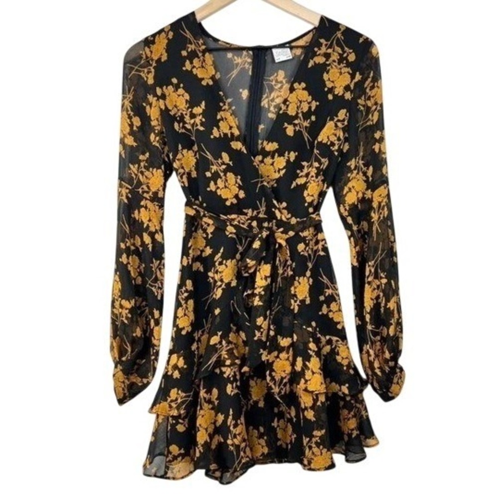 Selfie Leslie Black Yellow Floral Chiffon Mini Dress‎ Long Sleeve XS